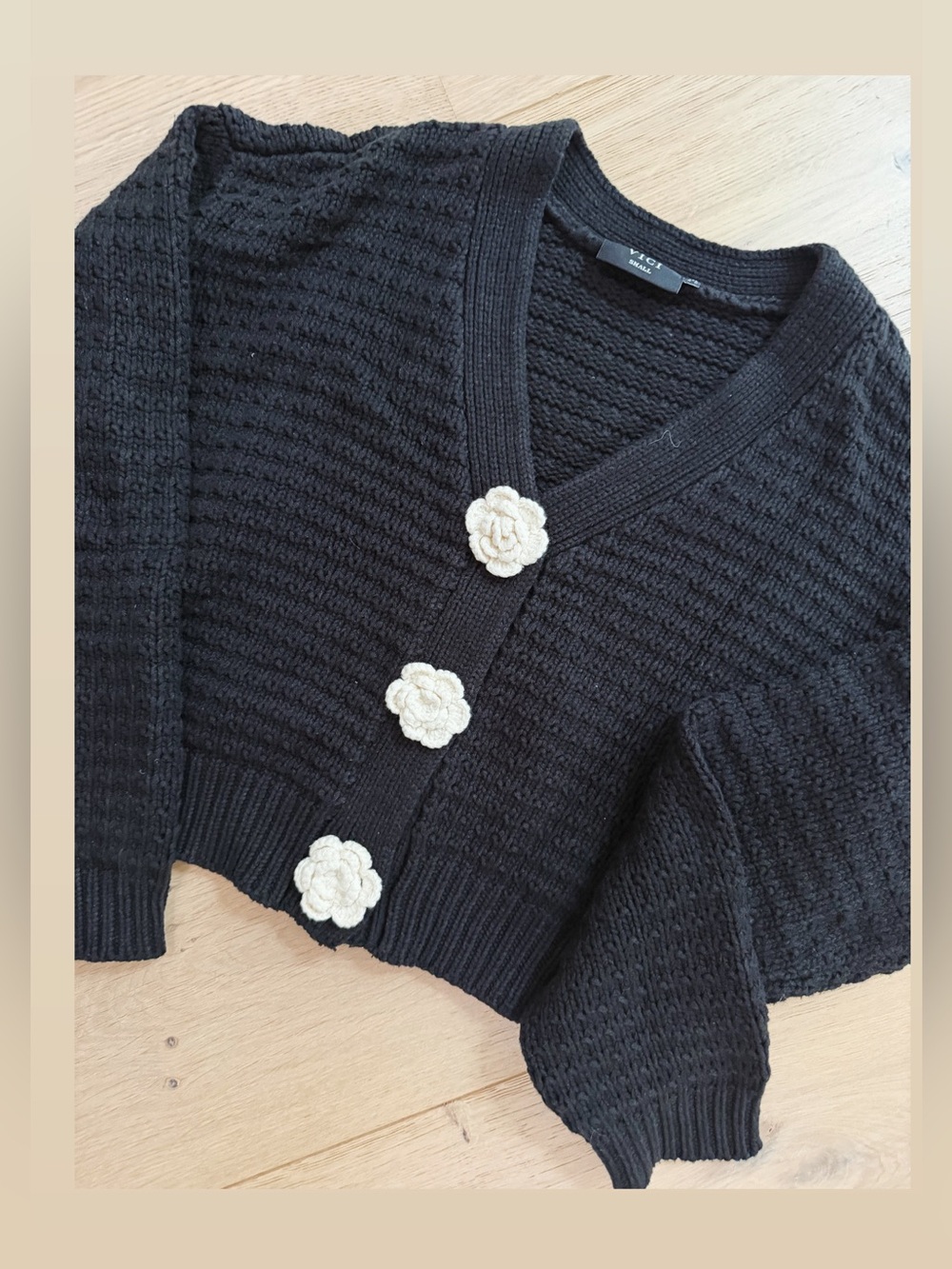 Vici - Black Women's Cropped Knit Cardigan with Cream Flower Buttons - Picture 1 of 2